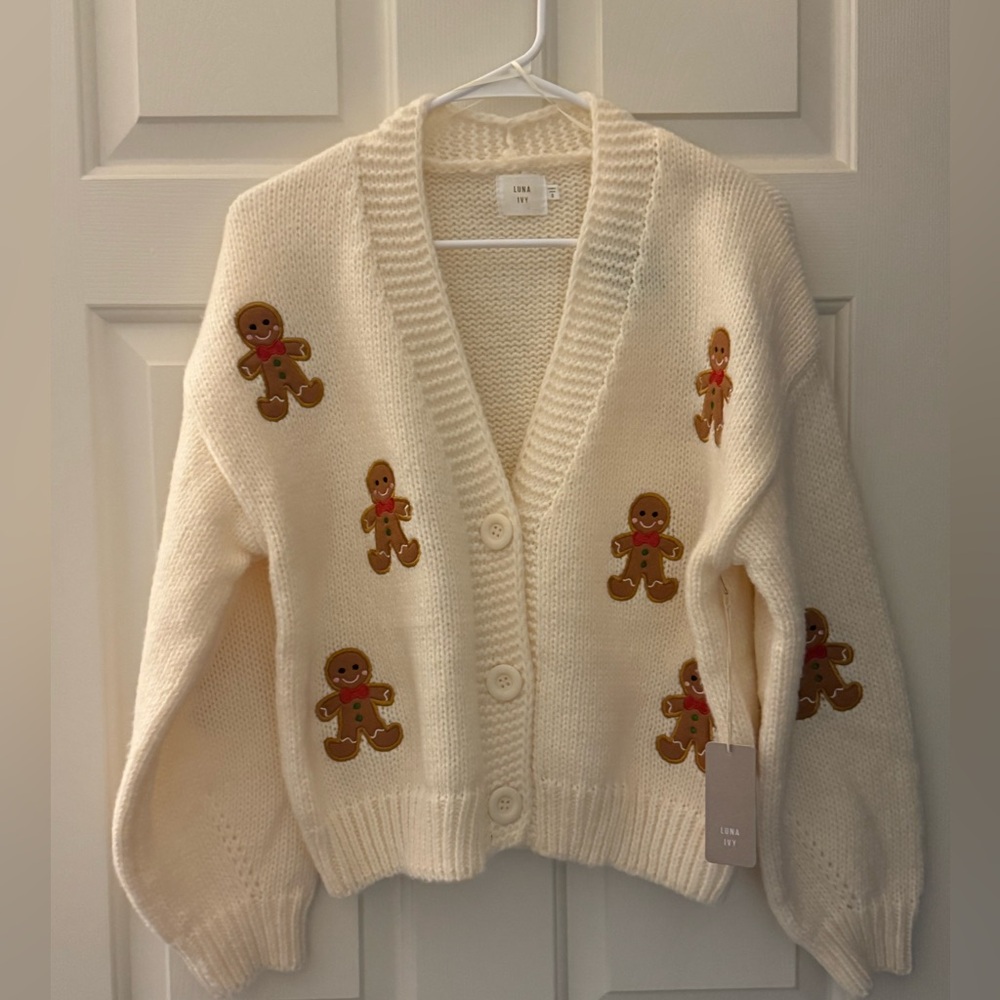 New Luna Ivy Charming Cream Cardigan with Gingerbread Accents